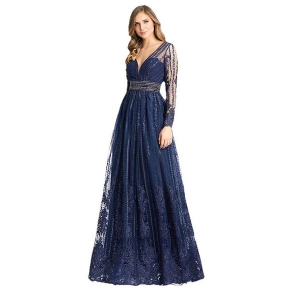 MAC DUGGAL Size 12 Navy 66591 Long Sleeve Floral Illusion Beaded Gown Dress $798 - Picture 2 of 16